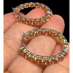 SJI 925 STERLING SILVER OVAL HOOPS WITH ROUND CUT TOPAZ GEMS EARRINGS